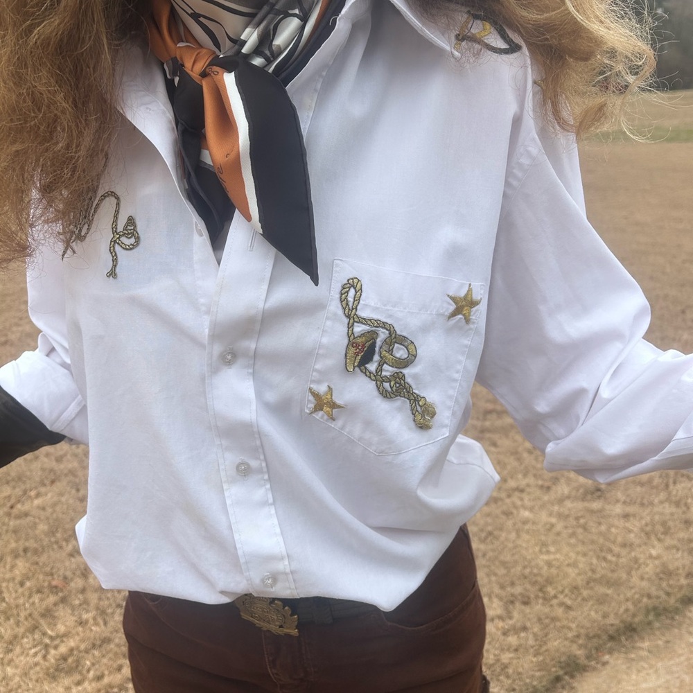 Vintage Sz M White Prager Smith Designs Shirt with Nautical appliqué GVC